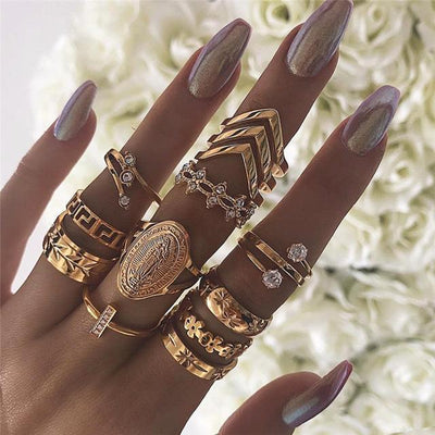 18K Gold Plated Medallion Ring Set with Austrian Crystals