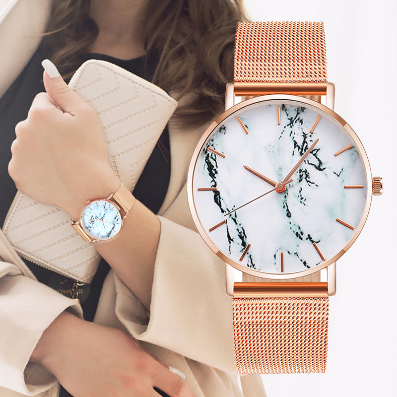 Rose Gold Marble Mesh Band Women's Quartz Watch